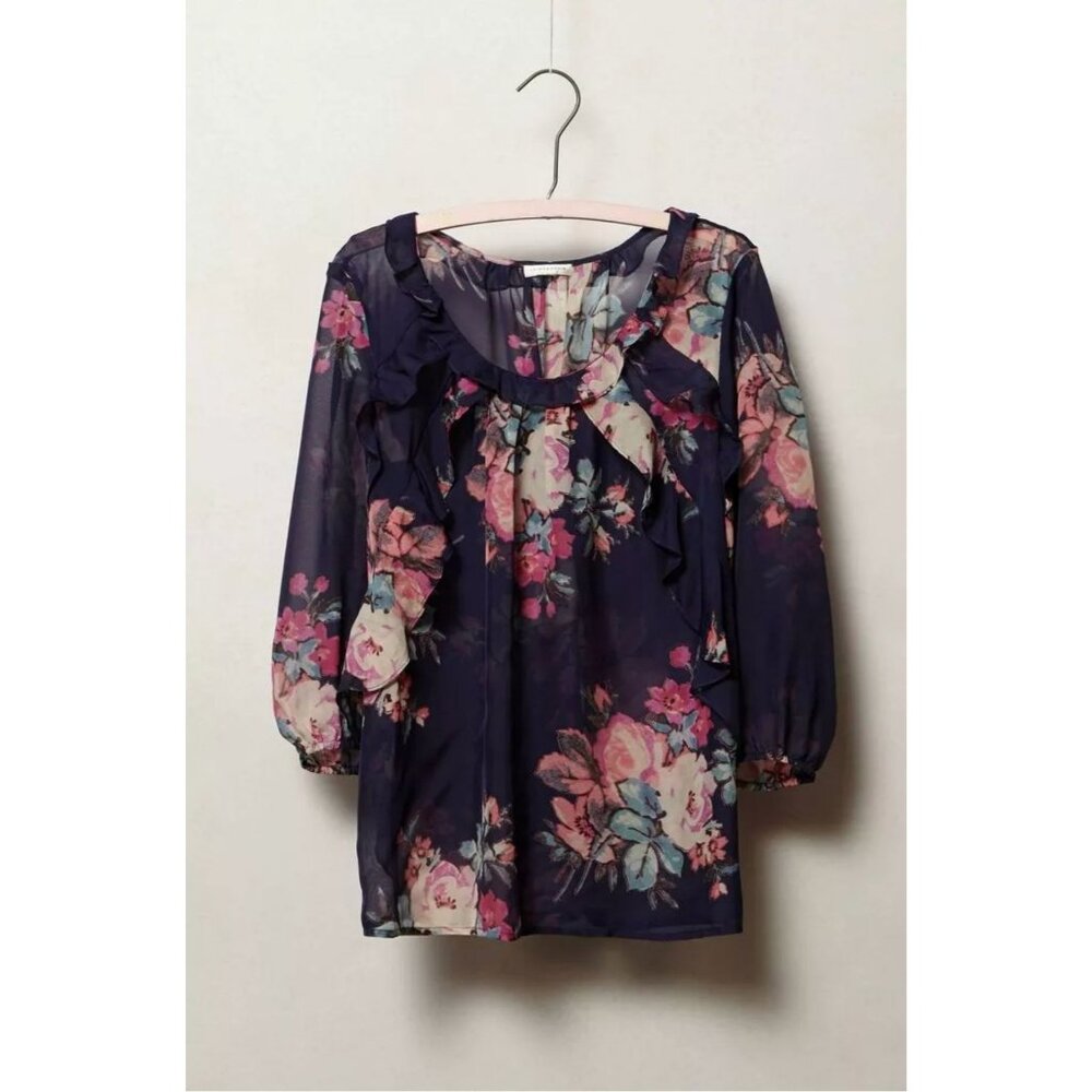 Leifsdottir Anthropologie Cotati Silk Dramatic Floral Print Sheer Blouse 6 Top